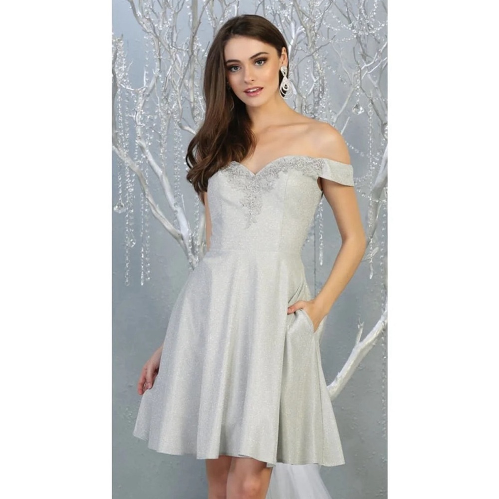 Silver Glittery Off-the-Shoulder Homecoming/Graduation Dress with Pockets